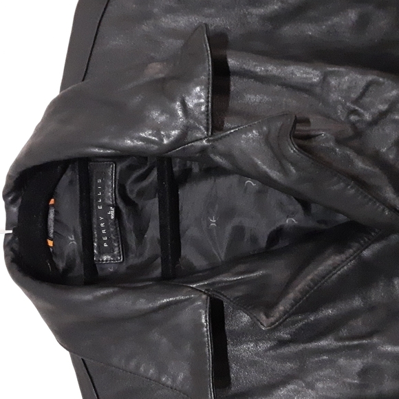 Perry Ellis men leather jacket pea coat in size L y2k black button down winter - Picture 4 of 7
